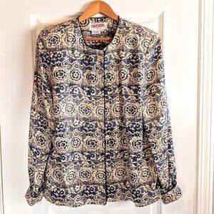 Vintage Maggy London Navy Blue Tan Silk Blouse